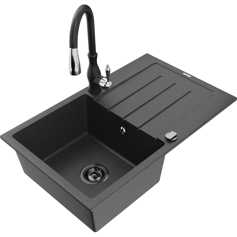Mexen Bruno granite sink 1-bowl with drainer and Savita kitchen tap, speckled black - 6513-76-672601-70-B
