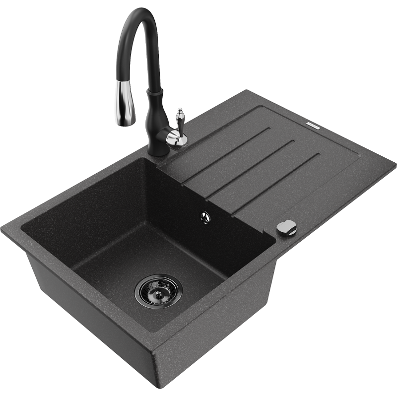 Mexen Bruno lava-louça de granito de 1 bacia com escorredor e torneira de cozinha Savita, preto salpicado - 6513-76-672601-70-B