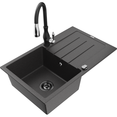 Mexen Bruno granite sink 1-bowl with drainer and Savita kitchen tap, speckled black - 6513-76-672601-70-B