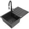 Mexen Bruno granite sink 1-bowl with drainer and Savita kitchen tap, speckled black - 6513-76-672601-70-B