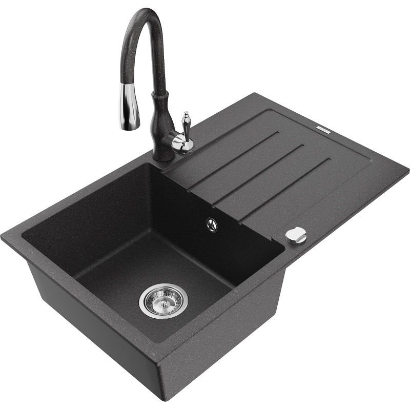 Mexen Bruno granitdiskho 1-fack med avrinningsyta och köksblandare Savita, svart stänkt - 6513-76-672601-76