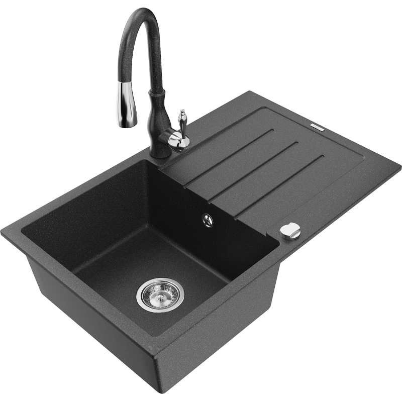 Mexen Bruno granite sink 1-bowl with drainer and Savita kitchen tap, black speckled - 6513-76-672601-76