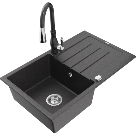 Mexen Bruno granite sink 1-bowl with drainer and Savita kitchen tap, black speckled - 6513-76-672601-76