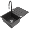 Mexen Bruno granite sink 1-bowl with drainer and Savita kitchen tap, black speckled - 6513-76-672601-76