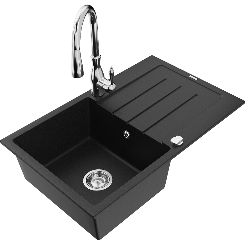 Mexen Bruno fregadero de granito de 1 seno con escurridor y grifo de cocina Savita, negro - 6513-77-672601-00