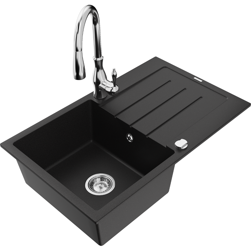 Mexen Bruno granite sink 1-bowl with drainer and Savita kitchen tap, black - 6513-77-672601-00