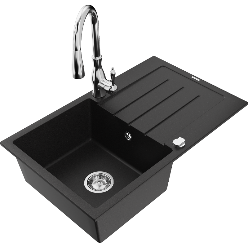 Mexen Bruno granitvask 1-fackig med avlastningsyta och köksblandare Savita, svart - 6513-77-672601-00