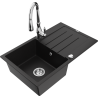 Mexen Bruno granite sink 1-bowl with drainer and Savita kitchen tap, black - 6513-77-672601-00