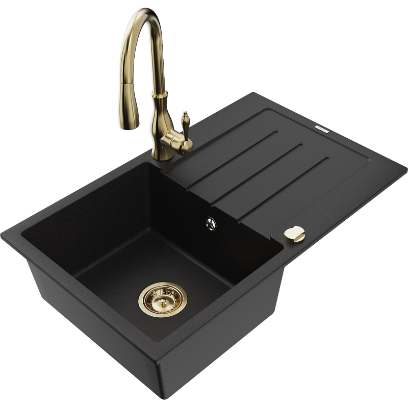 Mexen Bruno fregadero de granito de 1 compartimento con escurridor y grifo de cocina Savita, negro - 6513-77-672601-50