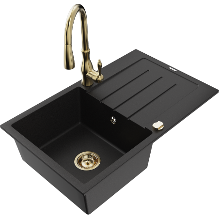 Mexen Bruno fregadero de granito de 1 cubeta con escurridor y grifo de cocina Savita, negro - 6513-77-672601-50