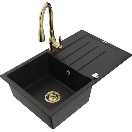 Mexen Bruno granite kitchen sink 1-bowl with drainer and Savita kitchen faucet, black - 6513-77-672601-50