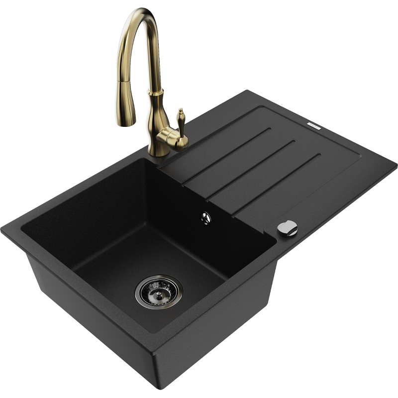 Mexen Bruno fregadero de granito de 1 cubeta con escurridor y grifo de cocina Savita, negro - 6513-77-672601-50-B