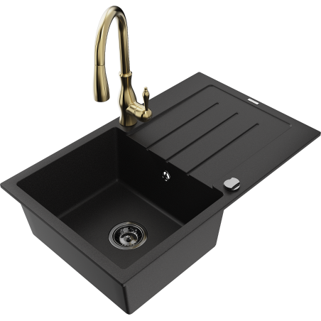 Mexen Bruno granieten gootsteen 1-komor met afdruiprek en keukenmengkraan Savita, zwart - 6513-77-672601-50-B
