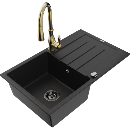 Mexen Bruno granite sink 1-bowl with drainer and Savita kitchen tap, black - 6513-77-672601-50-B