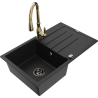 Mexen Bruno granite sink 1-bowl with drainer and Savita kitchen tap, black - 6513-77-672601-50-B
