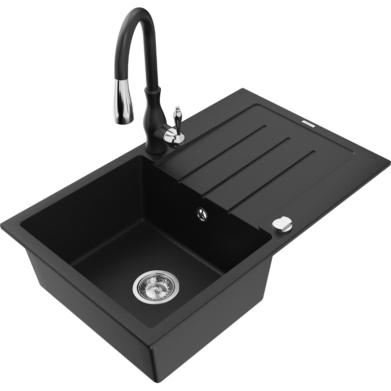 Mexen Bruno fregadero de granito de 1 compartimento con escurridor y grifo de cocina Savita, negro - 6513-77-672601-70