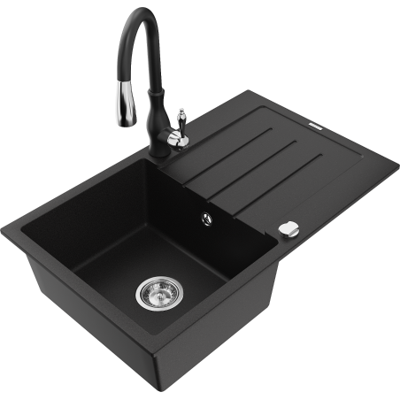 Mexen Bruno fregadero de granito de 1 compartimento con escurridor y grifo de cocina Savita, negro - 6513-77-672601-70