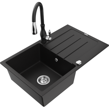 Mexen Bruno Granite Sink 1-Bowl with Drainer and Savita Kitchen Tap, Black - 6513-77-672601-70
