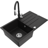Mexen Bruno Granite Sink 1-Bowl with Drainer and Savita Kitchen Tap, Black - 6513-77-672601-70