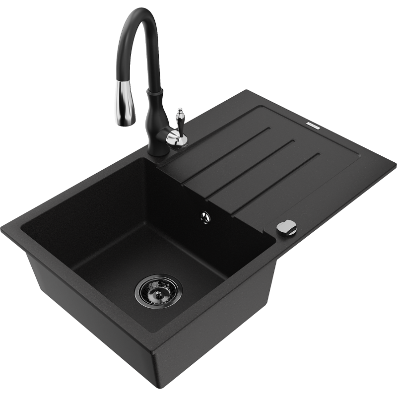 Mexen Bruno granitdiskbänk 1-kammare med avrinning och kökskran Savita, svart - 6513-77-672601-70-B