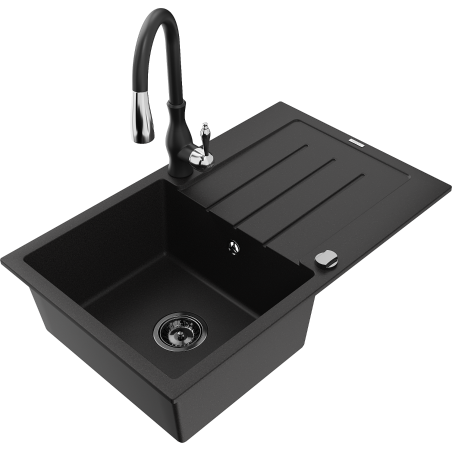 Mexen Bruno fregadero de granito de 1 cubeta con escurridor y grifo de cocina Savita, negro - 6513-77-672601-70-B