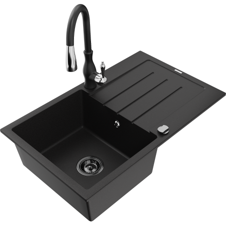 Mexen Bruno granite kitchen sink 1-bowl with drainer and Savita kitchen faucet, black - 6513-77-672601-70-B