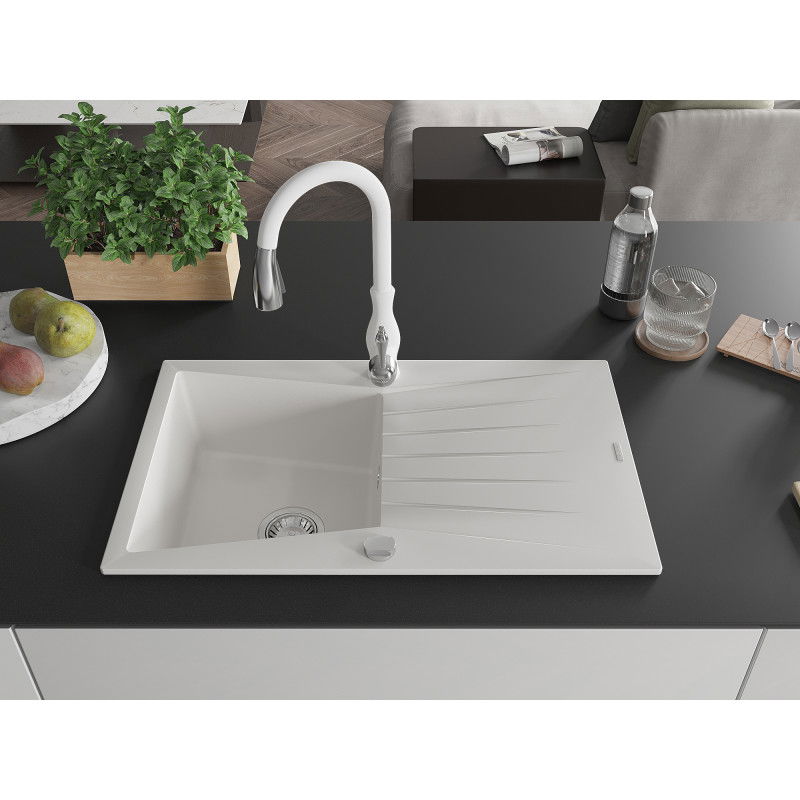 Mexen Cesar granite sink 1-bowl with drainer and Savita kitchen tap, white - 6514-20-672601-20