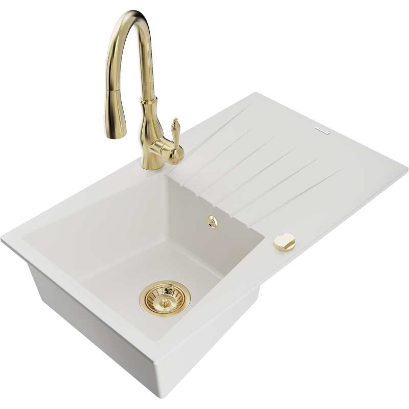 Mexen Cesar graniittinen 1-allas tiskiallas valutuspinnalla ja keittiöhanalla Savita, valkoinen - 6514-20-672601-50