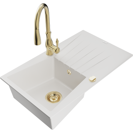 Mexen Cesar fregadero de granito de 1 cubeta con escurridor y grifo de cocina Savita, blanco - 6514-20-672601-50