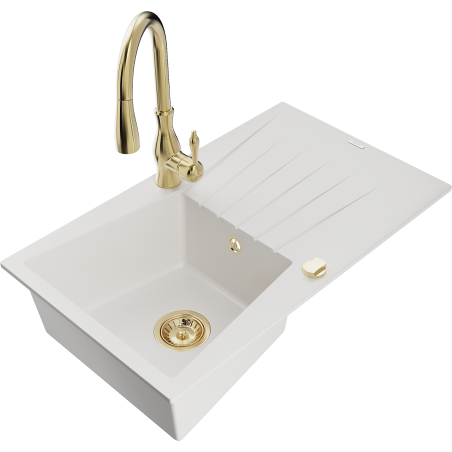 Mexen Cesar granite sink 1-bowl with drainer and Savita kitchen tap, white - 6514-20-672601-50