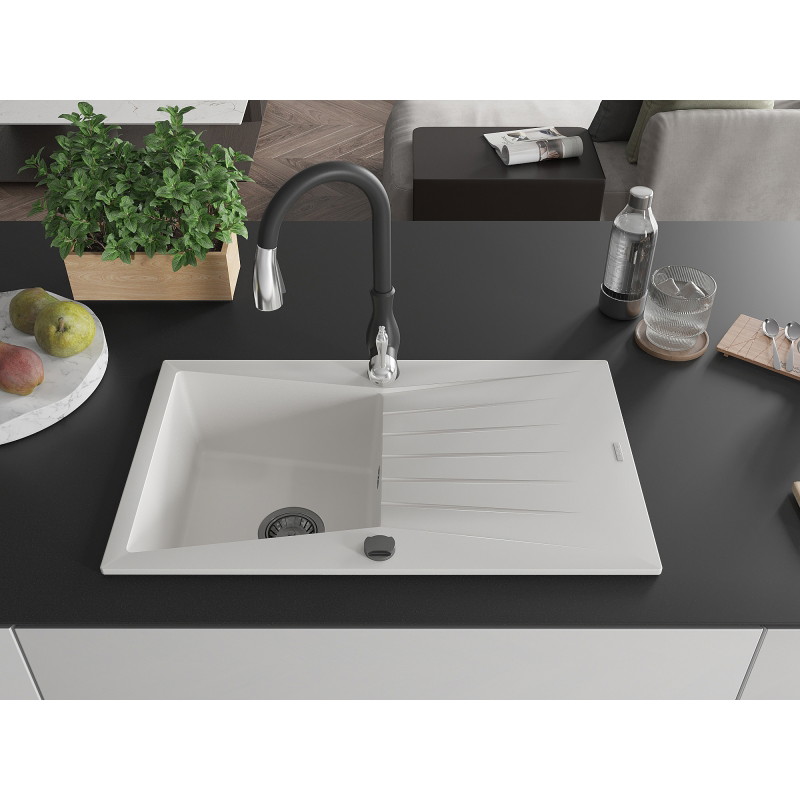 Mexen Cesar fregadero de granito de 1 compartimento con escurridor y grifo de cocina Savita, blanco - 6514-20-672601-70