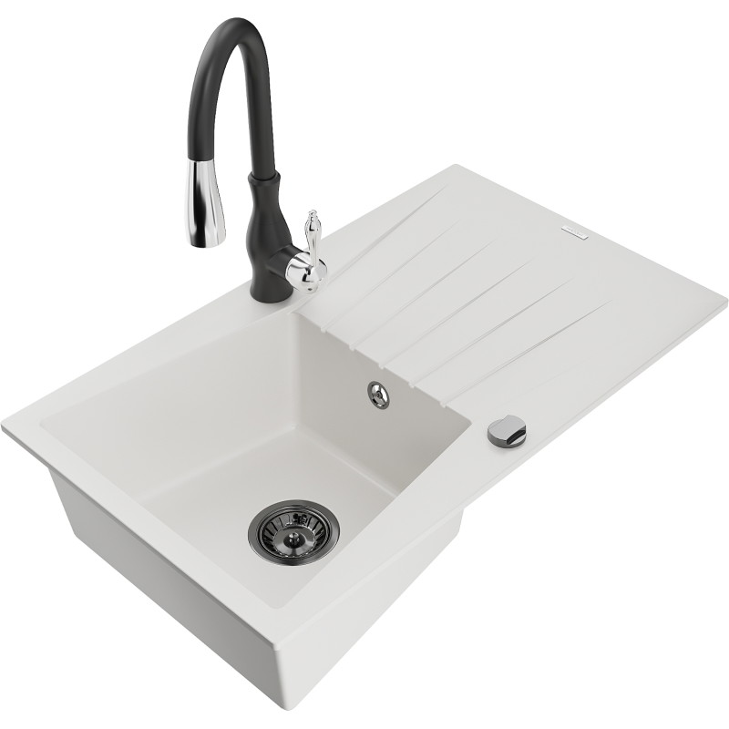 Mexen Cesar fregadero de granito de 1 senos con escurridor y grifo de cocina Savita, blanco - 6514-20-672601-70