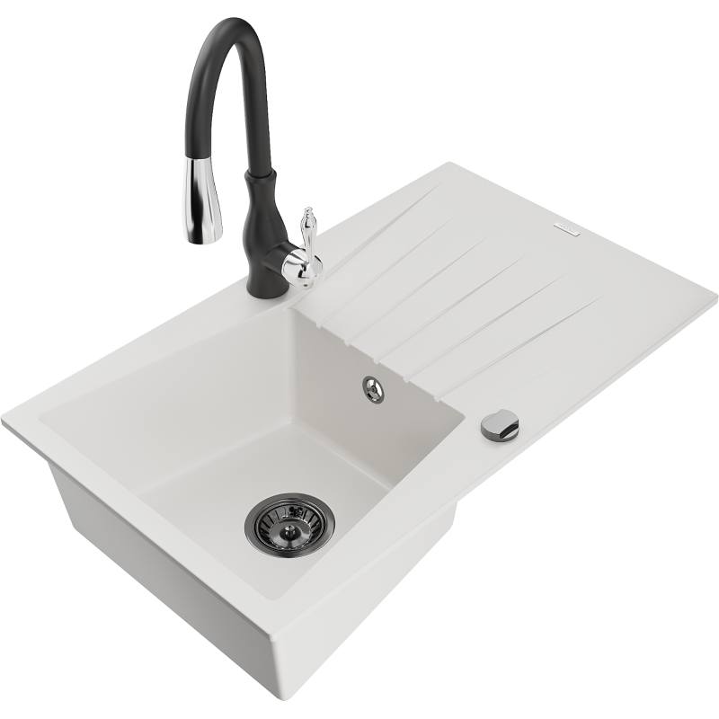 Mexen Cesar lava-loiça em granito de uma cuba com escorredor e torneira de cozinha Savita, branco - 6514-20-672601-70