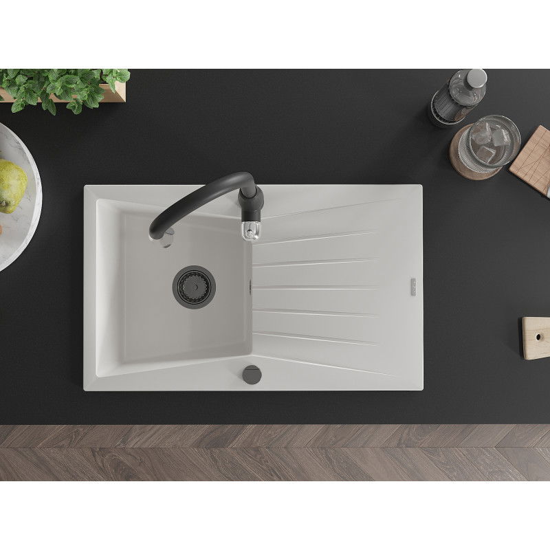 Mexen Cesar fregadero de granito de 1 cubeta con escurridor y grifo de cocina Savita, blanco - 6514-20-672601-70