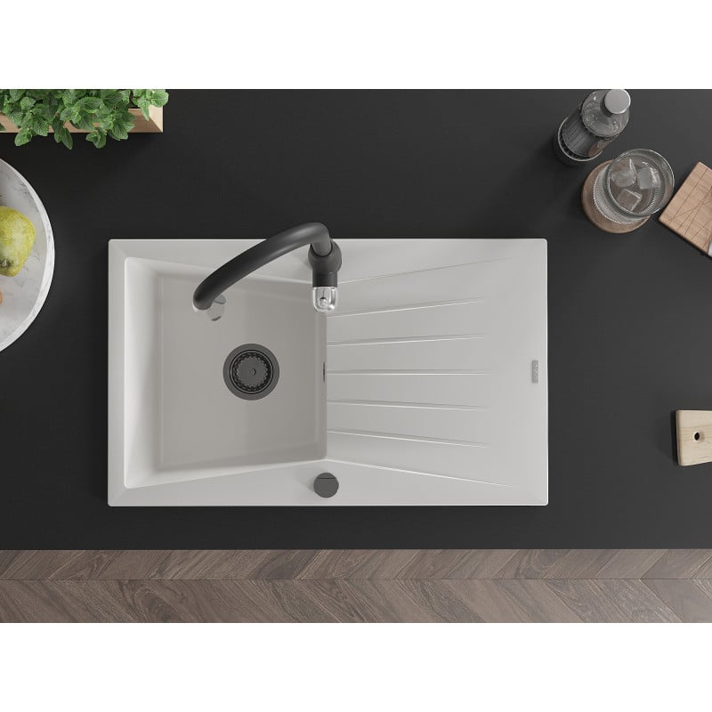 Mexen Cesar single-bowl granite sink with drainer and Savita kitchen tap, white - 6514-20-672601-70