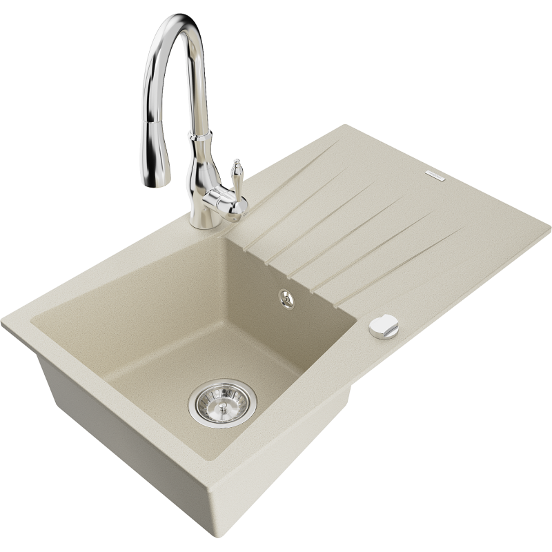 Mexen Cesar Granitspüle 1-Becken mit Abtropffläche und Küchenarmatur Savita, beige - 6514-69-672601-00