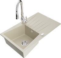 Mexen Cesar 1-bowl granite kitchen sink with drainer and Savita faucet, beige - 6514-69-672601-00