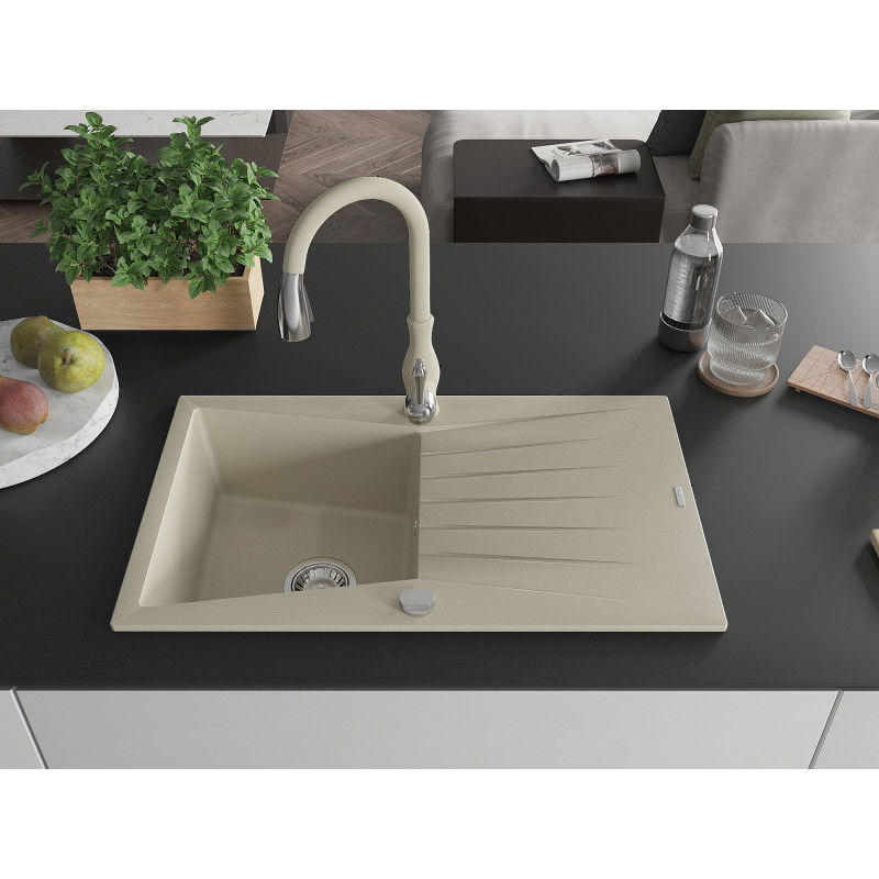 Mexen Cesar 1-bowl granite sink with drainer and Savita kitchen tap, beige - 6514-69-672601-69