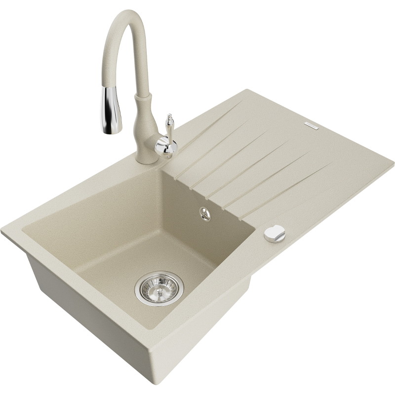 Mexen Cesar 1-komorige granieten spoelbak met afdruiprek en keukenmengkraan Savita, beige - 6514-69-672601-69