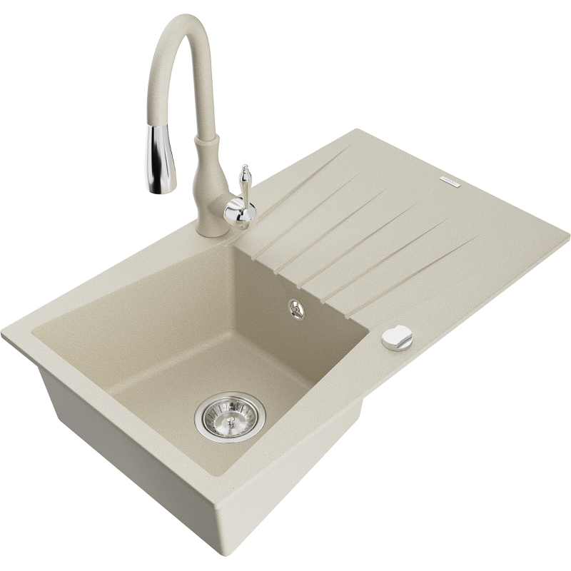 Mexen Cesar granieten gootsteen 1-baks met afdruiprek en keukenmengkraan Savita, beige - 6514-69-672601-69