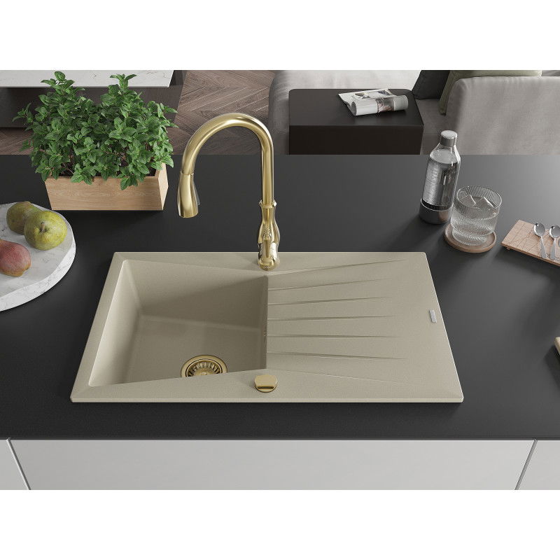 Mexen Cesar 1-bowl granite kitchen sink with drainer and Savita tap, beige - 6514-69-672601-50