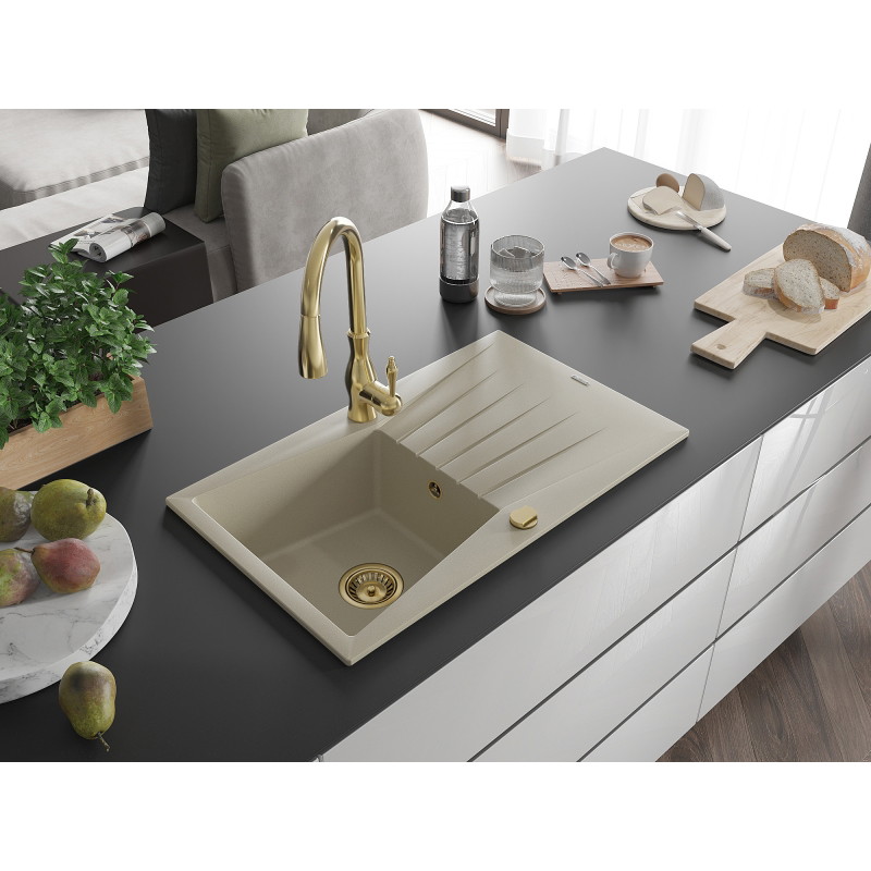 Mexen Cesar lavello in granito a 1 vasca con scolapiatti e rubinetto da cucina Savita, beige - 6514-69-672601-50