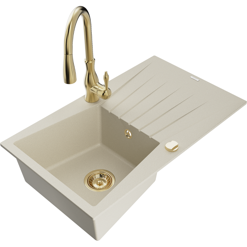 Mexen Cesar granieten spoelbak 1-komorige met afdruiprek en keukenkraan Savita, beige - 6514-69-672601-50