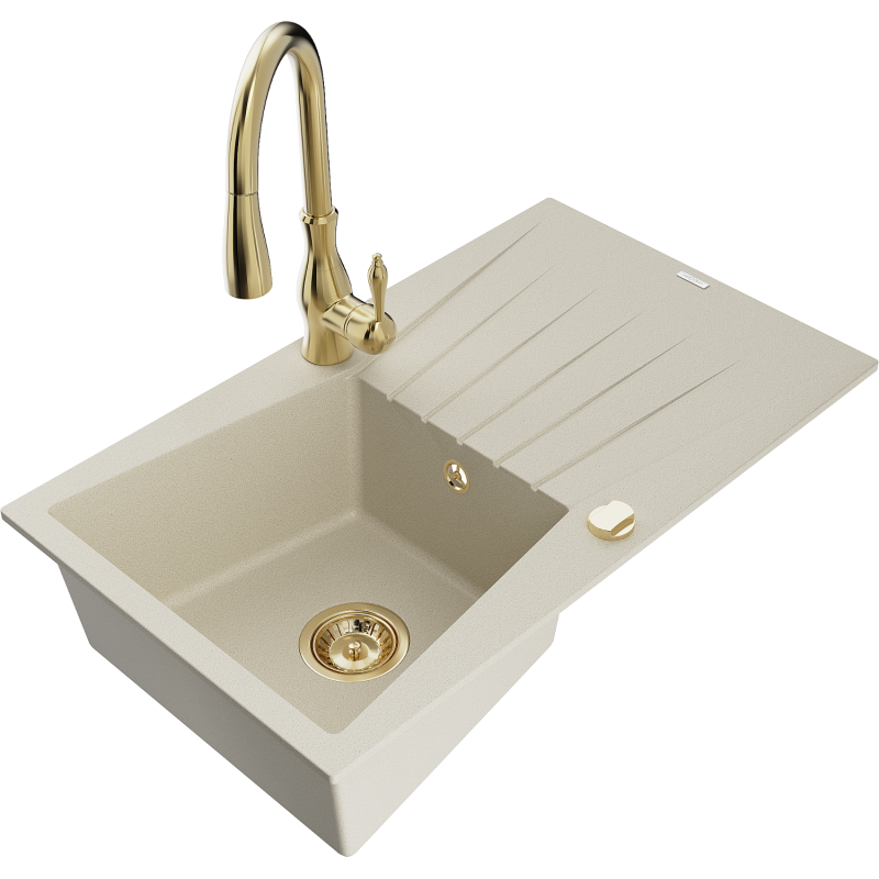 Mexen Cesar lava-louça de granito 1-cuba com escorredor e torneira de cozinha Savita, bege - 6514-69-672601-50