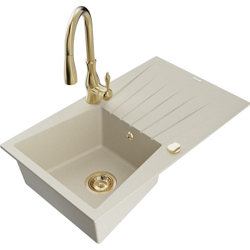 Mexen Cesar lavello in granito a 1 vasca con scolapiatti e rubinetto da cucina Savita, beige - 6514-69-672601-50