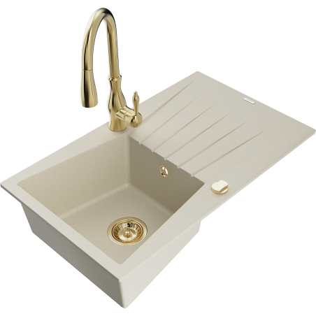 Mexen Cesar granieten spoelbak 1-komorige met afdruiprek en keukenkraan Savita, beige - 6514-69-672601-50