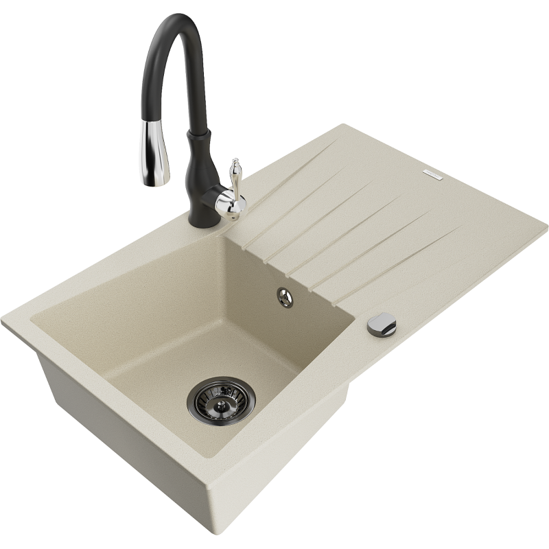 Mexen Cesar lava-louça de granito de 1 cuba com escorredor e torneira de cozinha Savita, bege - 6514-69-672601-70