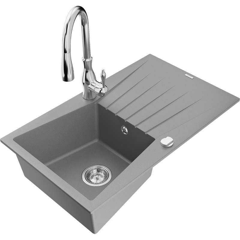 Mexen Cesar fregadero de granito de 1 seno con escurridor y grifo de cocina Savita, gris - 6514-71-672601-00