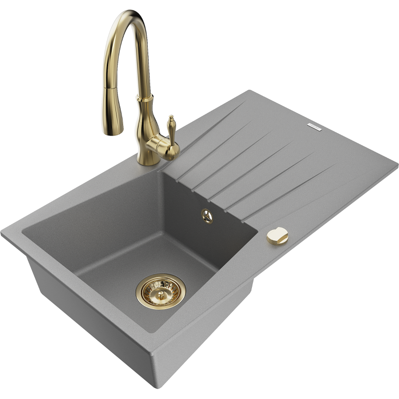 Mexen Cesar 1-bowl granite sink with drainer and Savita kitchen tap, grey - 6514-71-672601-50