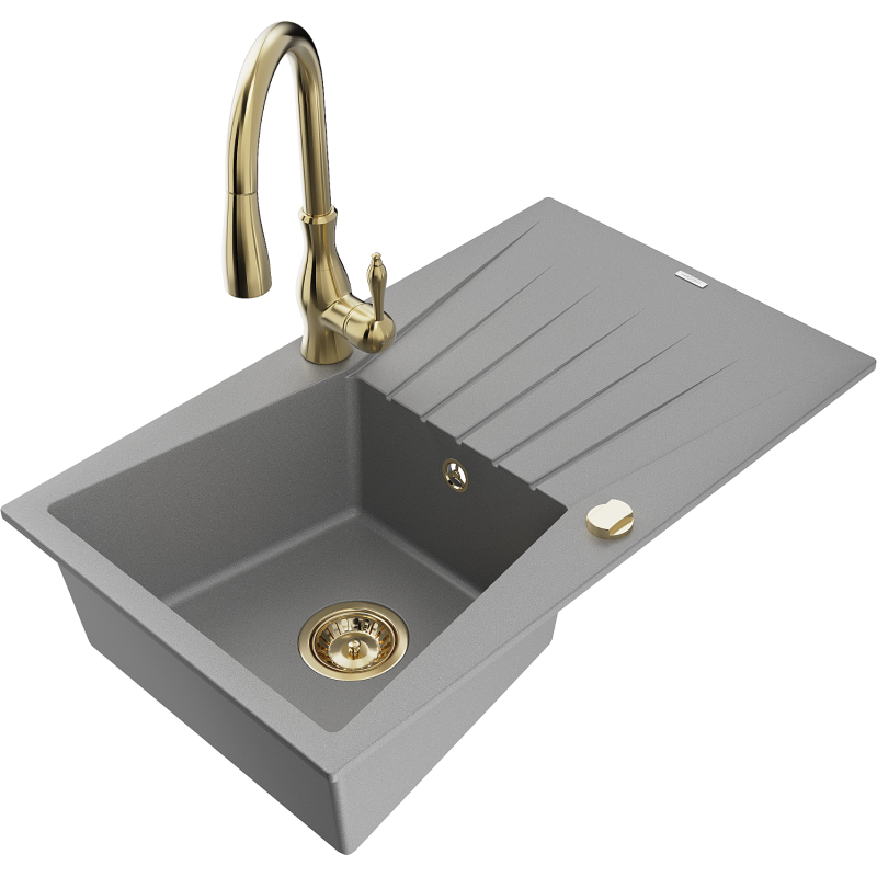 Mexen Cesar fregadero de cocina de granito de 1 seno con escurridor y grifo de cocina Savita, gris - 6514-71-672601-50